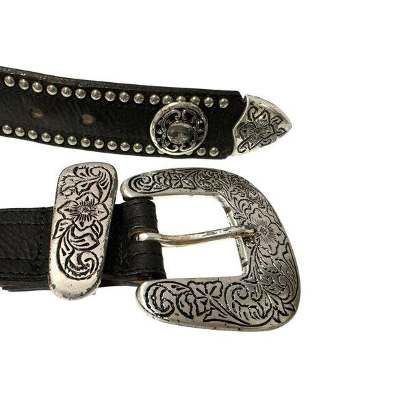 STREETS AHEAD Black Italian Leather Belt Oversized Floral Buckle Western Boho Sm - Picture 1 of 8